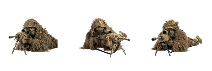 Set of Military Snipers in Ghillie Suits in Prone Positions, Oil Paint Style, Isolated on Transparent Background, PNG