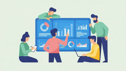 Team analyzing business data on a large digital display