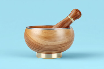 Wooden mortar and pestle on light blue background