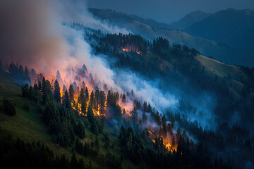 Forest fire in mountain valley at dusk with rising smoke and flame spread