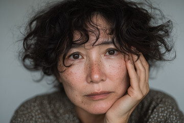 Thoughtful mature woman with curly hair and freckles