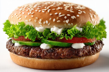 Juicy cheeseburger with lettuce, tomato, and cucumber on sesame bun