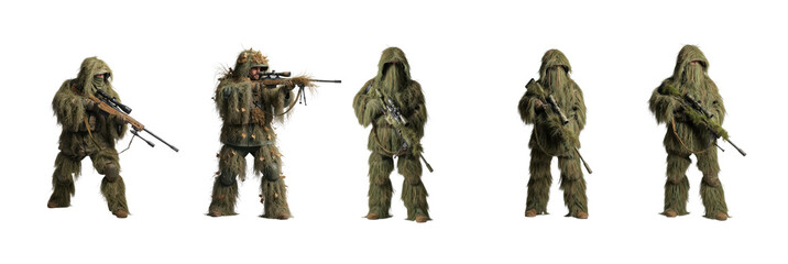 Set of Military Snipers in Camouflage Ghillie Suits with Rifles, Oil Paint Style, Isolated on Transparent Background, PNG