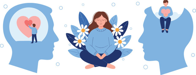 Mental health and self care concept set with meditation psychological support and self loveMental health and self care concept set with meditation psychological support and self love