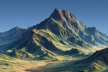 Majestic mountain peak under clear blue sky with sunlit green slopes