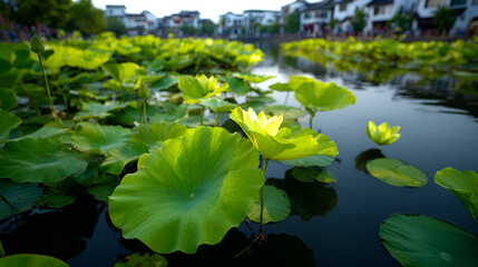 Commercial photos of lotus flowers and leaves in a pond in Chinese ink wash style
