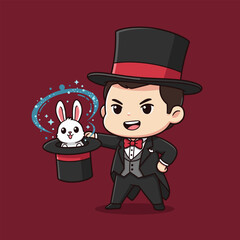 Cartoon Magician with Rabbit in Hat Performing Magic Trick.