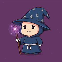 Charming Cartoon Wizard Character with Magical Staff and Starry Hat.