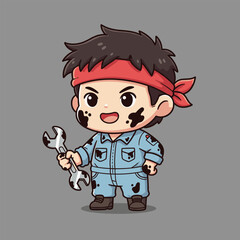 Cartoon Mechanic Boy Holding Wrench with Oil Stains on Face.