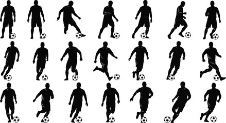 Soccer dribbling silhouette set with football players in motion, dynamic training and match action poses in black vector sport illustration