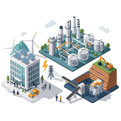 Obraz premium A detailed isometric illustration showing an integrated industrial and energy landscape with renewable sources, a factory, and a mining operation.