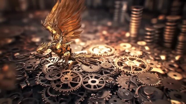 Steampunk Golden Eagle Animation on Gears: Fantasy and Mechanical Concept