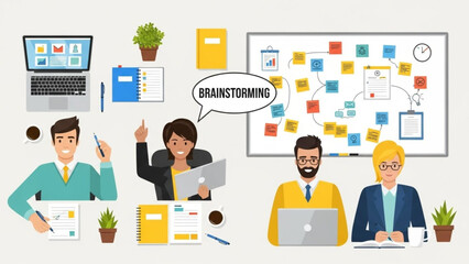 Colleagues collaborating during a brainstorming meeting, discussing ideas around a digital workspace with laptops, notes, and visual aids.