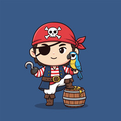 Cartoon Pirate with Parrot and Treasure Chest Illustration.