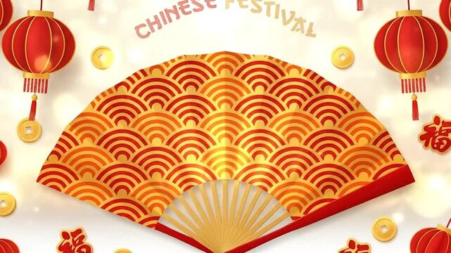Celebrate Chinese Festival Design with Traditional Fan, Lanterns, and Fu Symbol