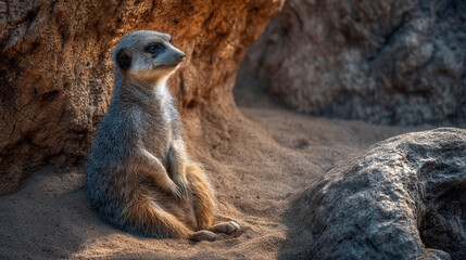Fototapeta premium Single Meerkat Sitting Comfortably in the Sand Against a Rugged Rocky Background