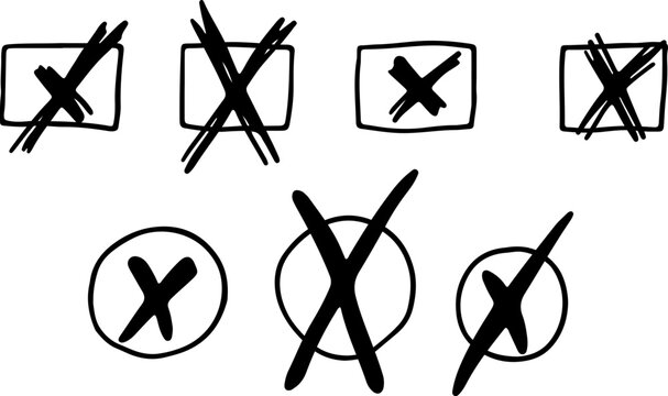 Set of hand-drawn style black checkmarks and crosses, featuring sketchy V and X symbols, isolated vector illustrations, perfect for reviews and annotations.