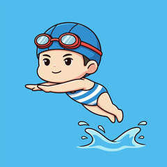 Cartoon Swimmer Diving into Water with Goggles and Cap.