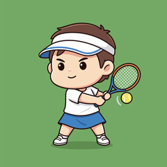Cartoon girl playing tennis with focus and determination.