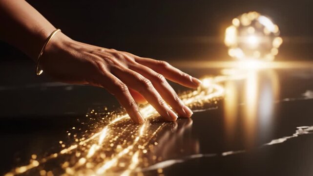 Hand reaching glowing golden light trail dark surface with bright orb and soft reflections, creating magical elegance and warm glow mysterious atmosphere filled with radiant light orb and elegance