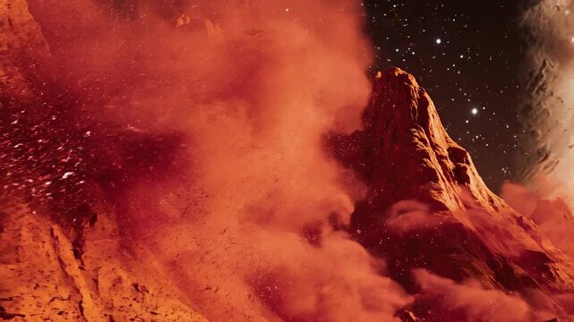 Extreme slow motion close-up of fine red interplanetary dust swirling dramatically around eroded orange alien rock formations on a desolate planet close-up, slowmotion, specialeffect