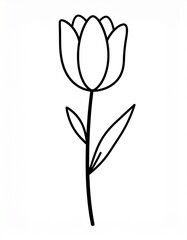 Obraz premium Simple Black and White Line Art of a Tulip Flower with Stem and Leaves.