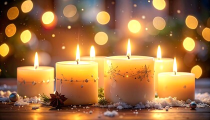 Close-up of lit pillar candles, adorned with decorative elements, resting on a snowy surface against a bokeh backdrop