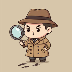 Chibi Detective with Magnifying Glass Investigating Footprints.