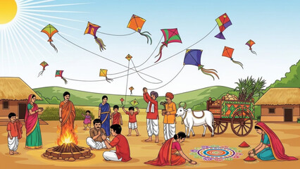 Traditional indian village celebrating makar sankranti with colorful kites and bonfire on a sunny day with people dressed in ethnic attire