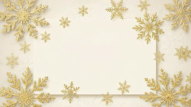 Golden glitter snowflakes falling and changing position, creating framed spaces for Christmas or New Year greeting card background.