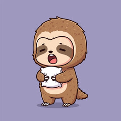 Sleepy Sloth Holding Pillow Cartoon Illustration.