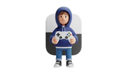 3D Cartoon Boy in Hoodie Holding Game Controller on transparent background