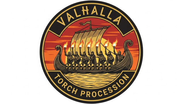 Viking longboat with torches sailing on water at sunset, valhalla torch procession, nordic mythological scene with warriors