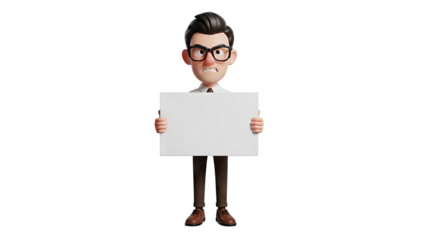 3D cartoon man with glasses holding a blank white sign on transparent background
