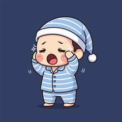Cartoon Baby in Pajamas Yawning and Rubbing Eyes.