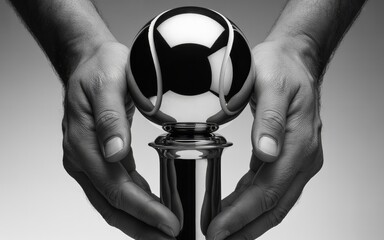 A pair of hands holding a shiny soccer ball trophy on a pedestal