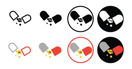 Iron Supplement Capsule Icon Set - Fe Vitamin Mineral Pills and Nutrition Supplement Symbols for Health and Wellness