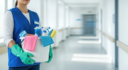 Female cleaner in blue uniform holding a bucket filled with cleaning supplies, showcasing vibrant colors and tools for effective household cleaning tasks in a bright corridor