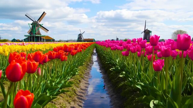 Scenic Dutch landscape with vibrant tulip fields and historic windmills in the Netherlands