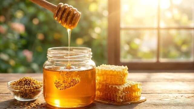 Golden Honey Pouring into Jar with Honeycomb and Bee Pollen in Sunlight