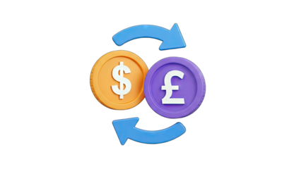 3D Currency exchange icon with dollar and pound symbols on transparent background