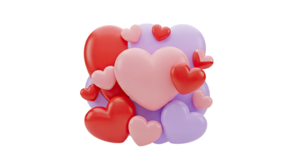 3D Collection of 3D hearts in various sizes and colors on transparent background