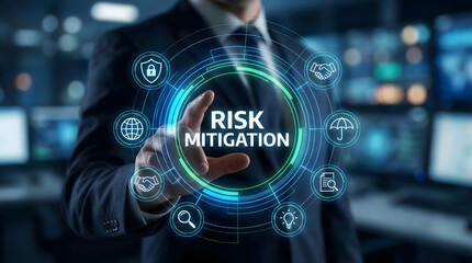 Fototapeta premium Professional,businessman,gesturing,towards,floating,safety,symbols,on,virtual,hologram,for,corporate,risk,management,concepts,representing,security,strategy,and,financial,safety,planning