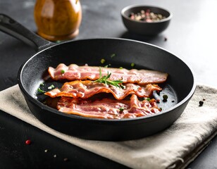 Fototapeta premium Crispy bacon strips in a black skillet on a dark surface, ingredients nearby