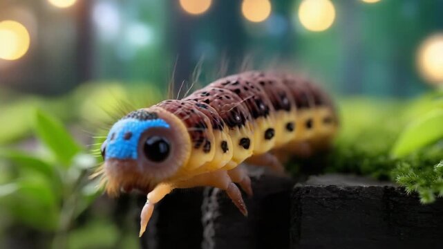 Vibrant caterpillar with blue face on mossy forest floor