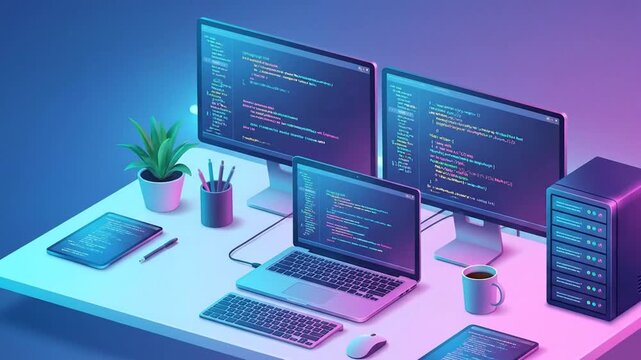 Isometric Technology Workspace with Coding Displays and Server