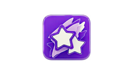 3D glossy purple square icon with stars on transparent background