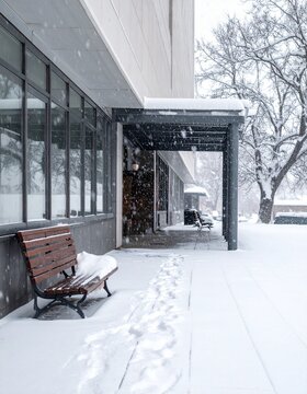 Snowy Exterior Scene - A Bench, Building, and Winter Landscape.