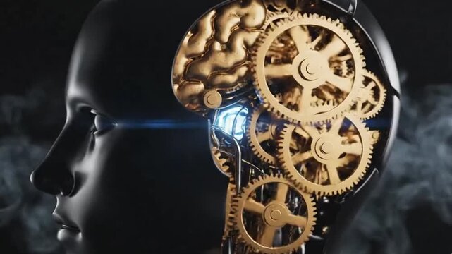 A stunning conceptual 3D animation showcases a stylized human head in profile, revealing an intricate internal mechanism composed of gleaming golden gears and cogs. A vibrant blue light pulses and shi