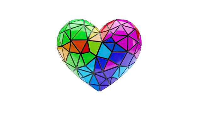 3D Geometric Heart Shape with Rainbow Colors on transparent background - Powered by Adobe